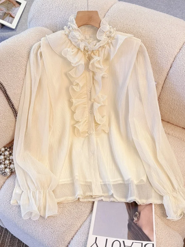 

French Sle Loose Fit Long Sve Stand Collar Women's irt Lace Trim Hem Spring 2026 Faionable Slimming Top