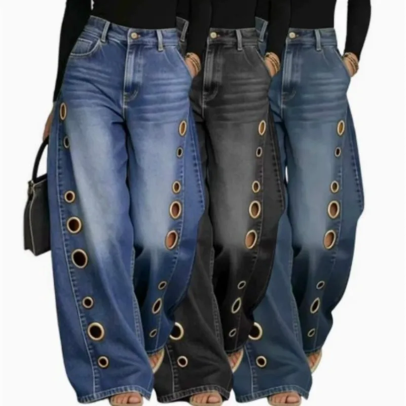 Women's Washed Blue High-Waist Metal Grommet Wide Leg Jeans Casual Loose Fit Streetwear Pants Casual Trousers