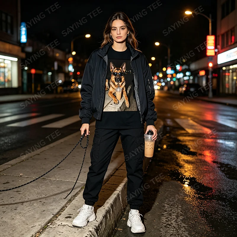 German Shepherd Drinking Iced Coffee Animal Meme T-Shirt Y2k Pet Dog Lover Aesthetic Clothes for Women Men Personalized Graphic