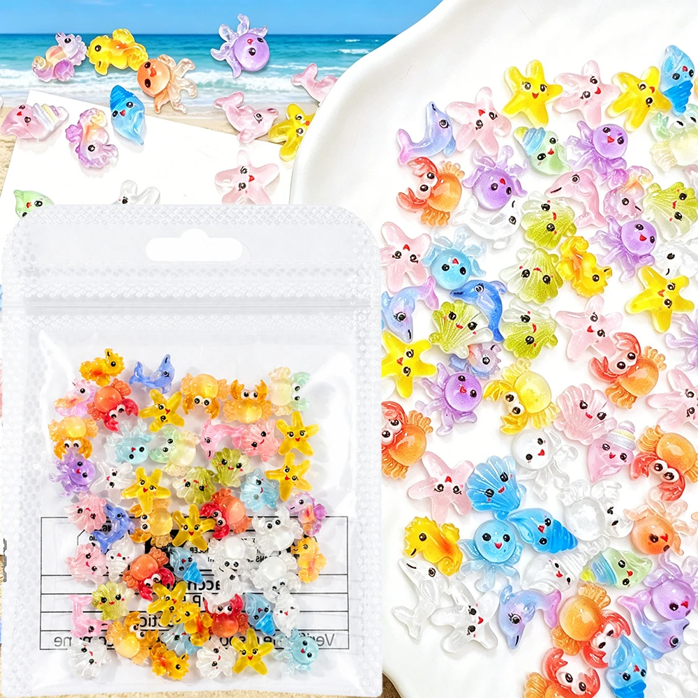 50pcs Cartoon Ocean Resin Nail Charms 3D Cute Shell Conch Crab Octopus Starfish Nail Jewelry Summer Flatback Manicure Decoration