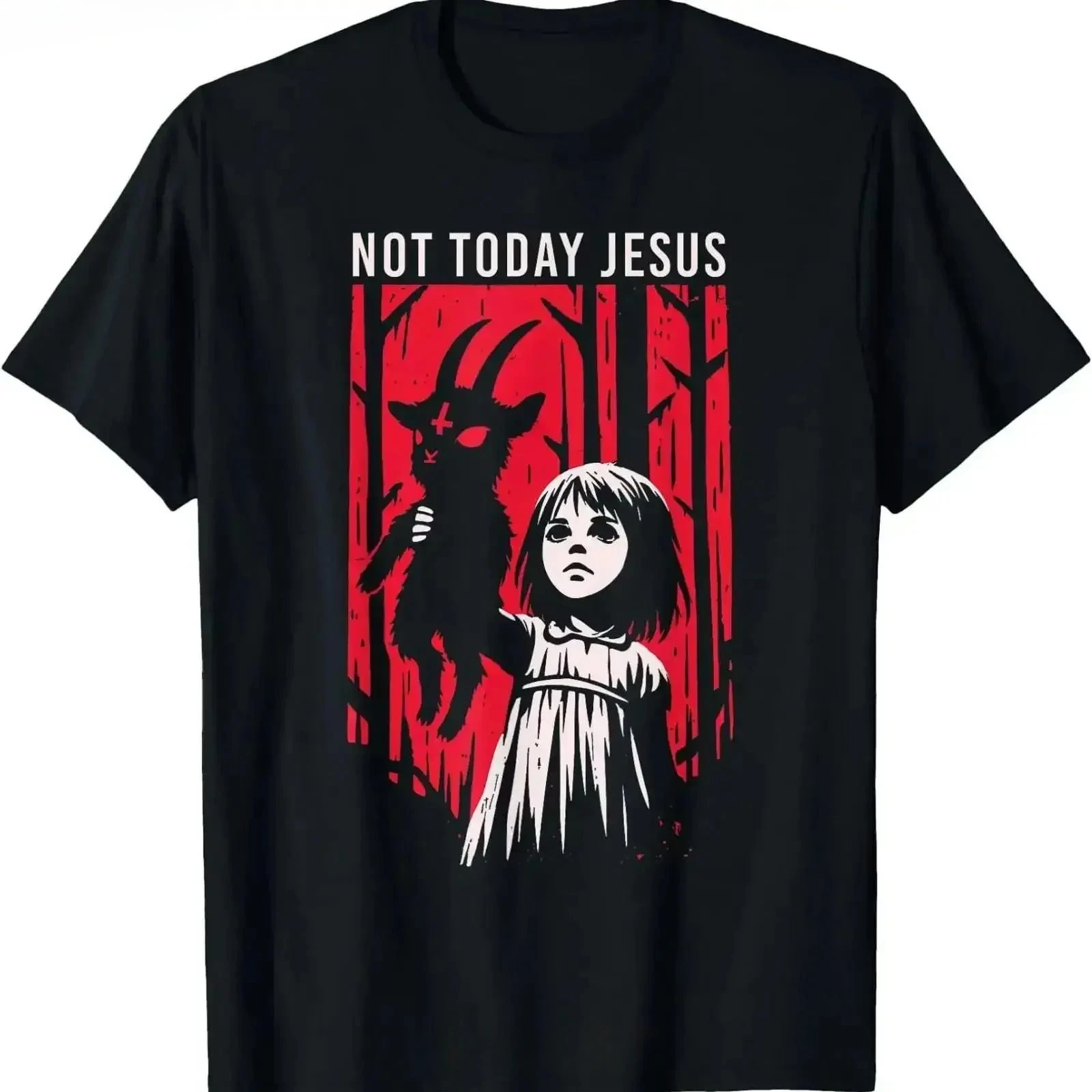 Men'S Gothic Graphic T-Shirt - Not Today Jesus with Distressed Red Print Casual Round Neck Tee for Outdoor & Family Wear Gothi