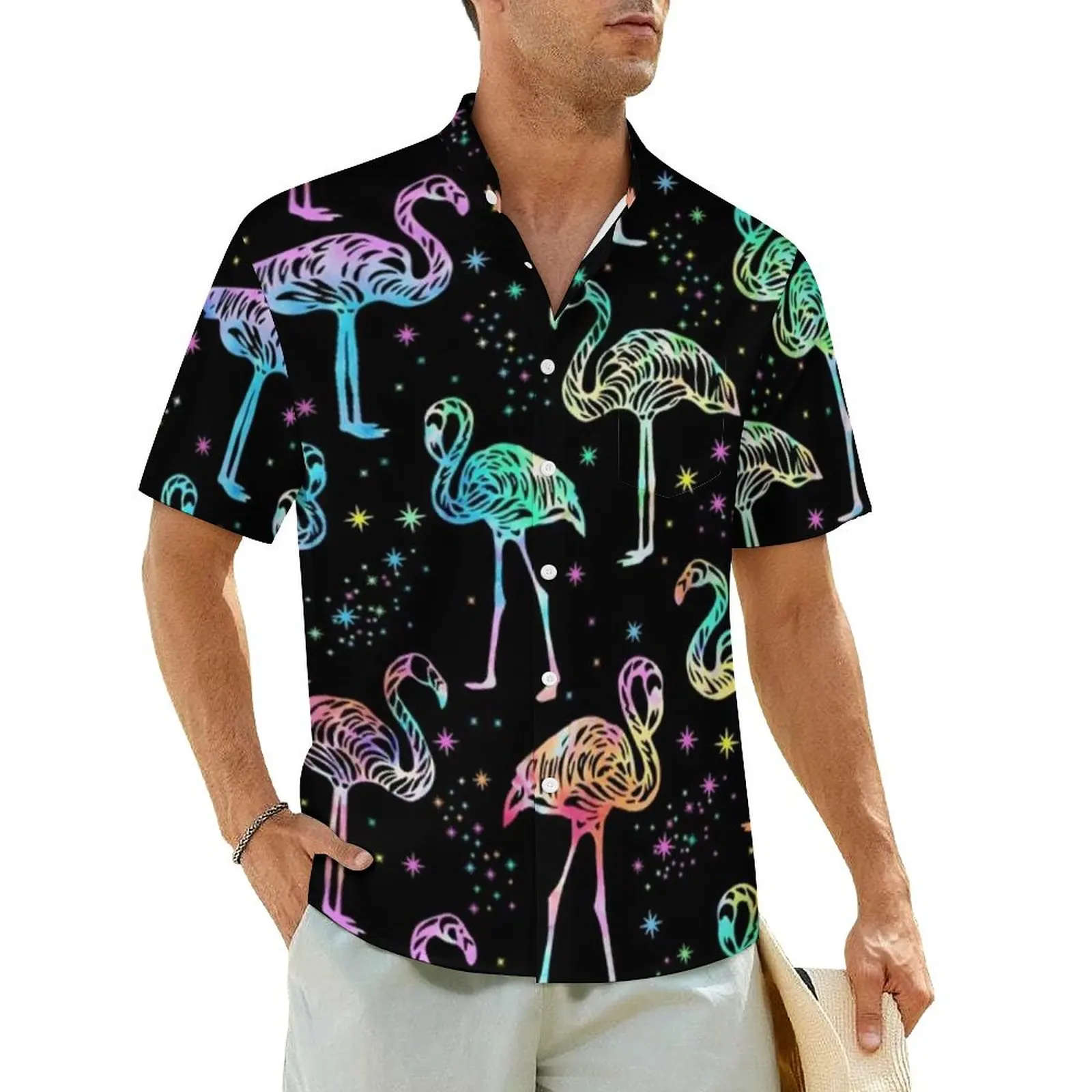 

Hawaiian Shirt Beach Colorful Flamingo Blouses Funny Animal Vintage Casual Shirts Male Short-Sleeve Fashion Plus Size Clothes