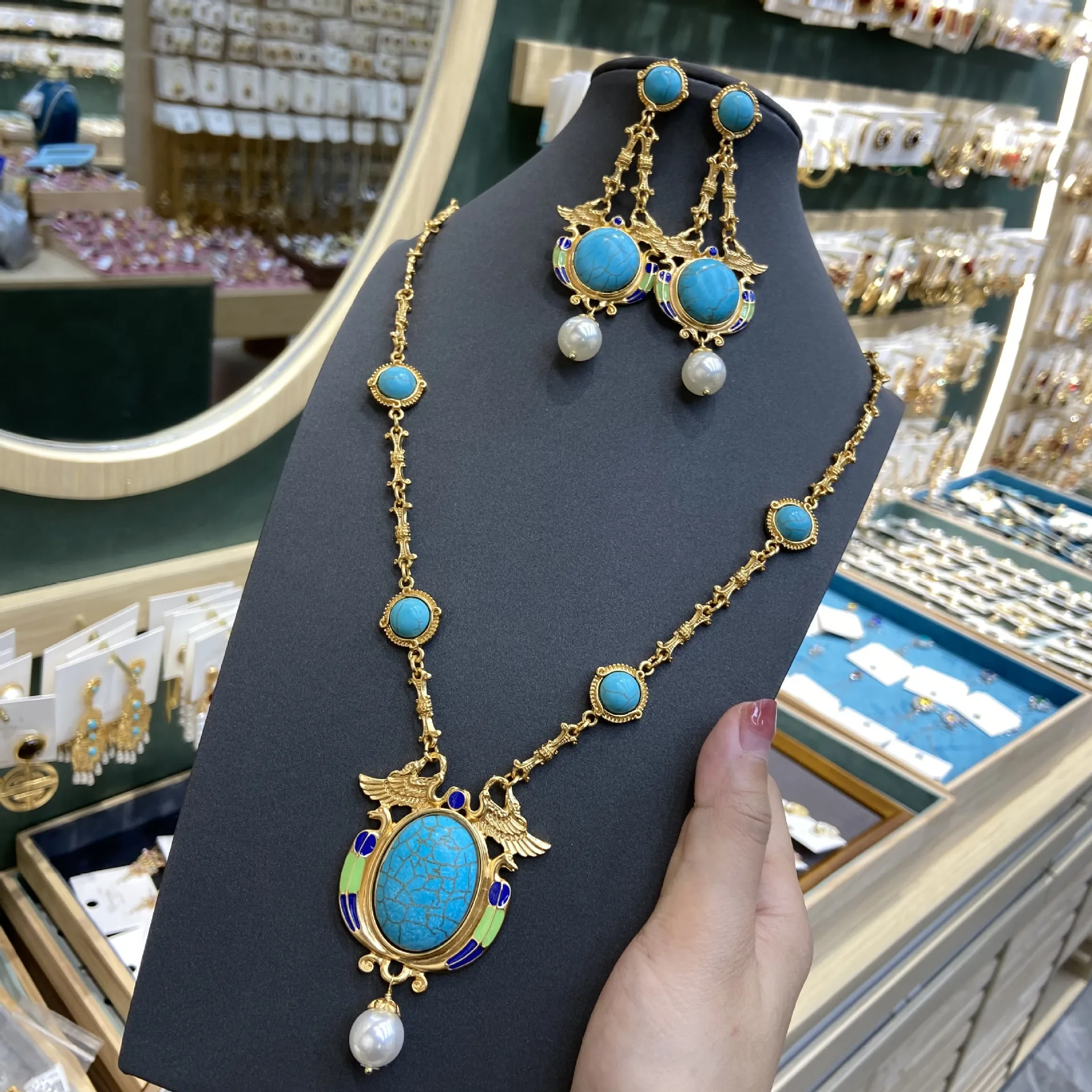 Women Enamel Color Blue Turquoise Necklace Galvanized Real Gold Pearl Drop Earrings 2024