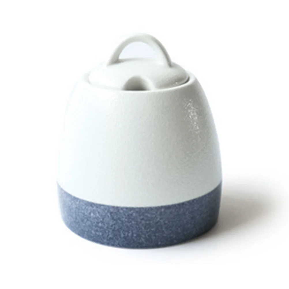 

1PC Dressing Jar Ceramic Seasoning Can Sugar Salt Storage Pot with Spoon for Home Restaurant Store (White Blue Base)