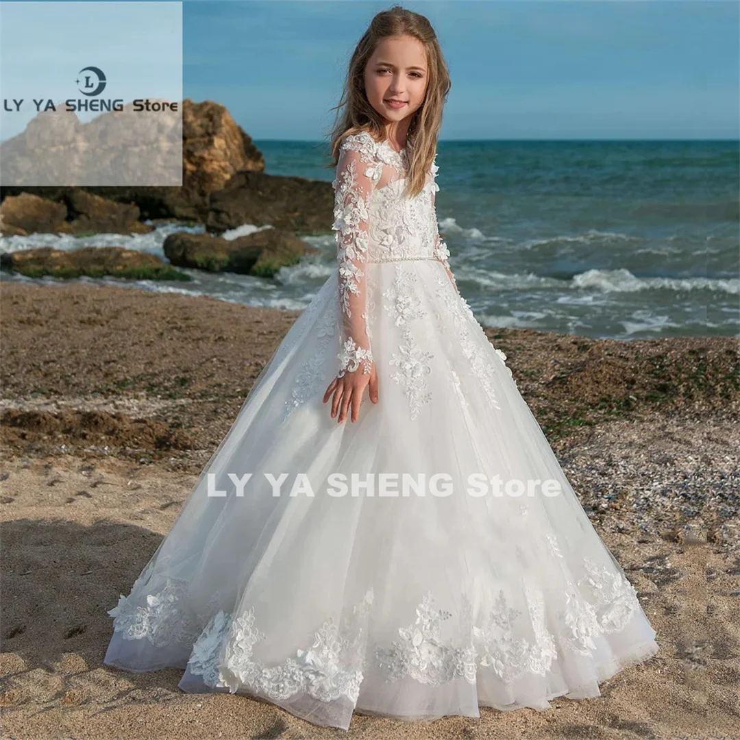 

New Arrivals Flower Girls Long Sleeves Ball Gowns with Pearls Sash Holy First Communion Princess Dresses