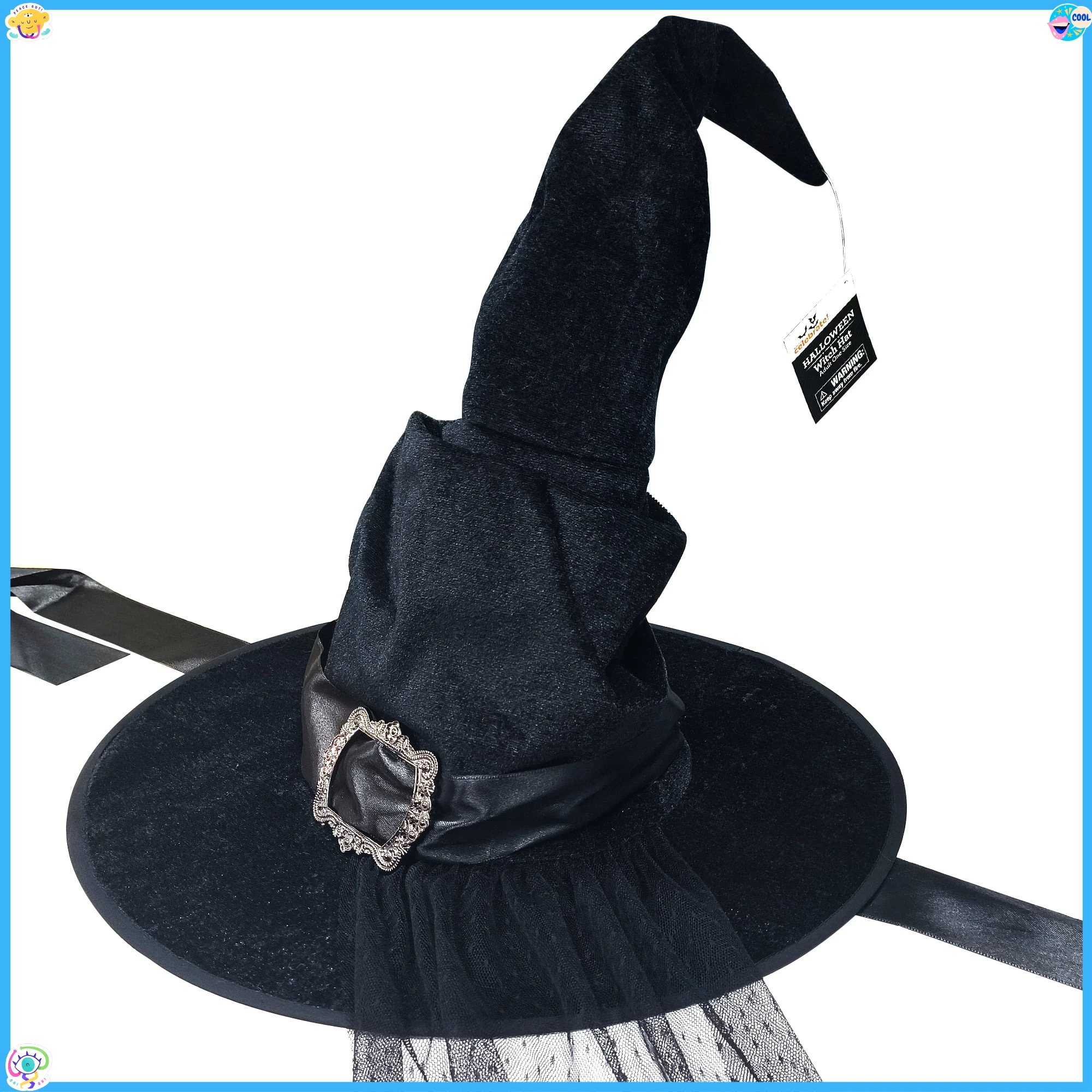 หมวกแม่มดแบบกอธิคสีดำประดับลวดลาย ขนาด 16 นิ้ว - อุปกรณ์เสริมชุดฮาโลวีนสำหรับผู้ใหญ่ พร้อมปีกหมวกขนาด 16 นิ้วสำหรับคอสเพลย์