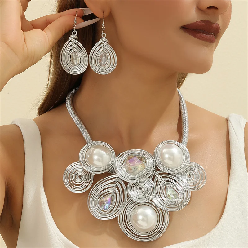 New African Flowers Jewelry Set Aluminium Wire Necklace Earrings Set For Women Party Wedding Dress
