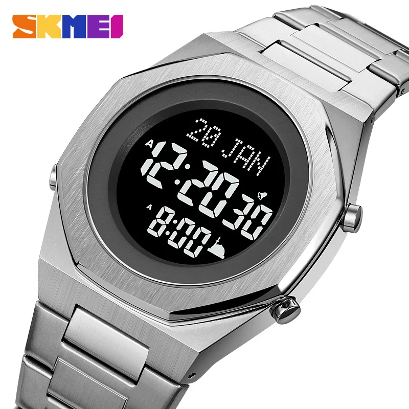 SKMEI Muslim Digital Watchfor Man Qibla Name Display Philgrimage Time Reminder Luxury Stainless Steel Fashion Men\'s Wristwatch