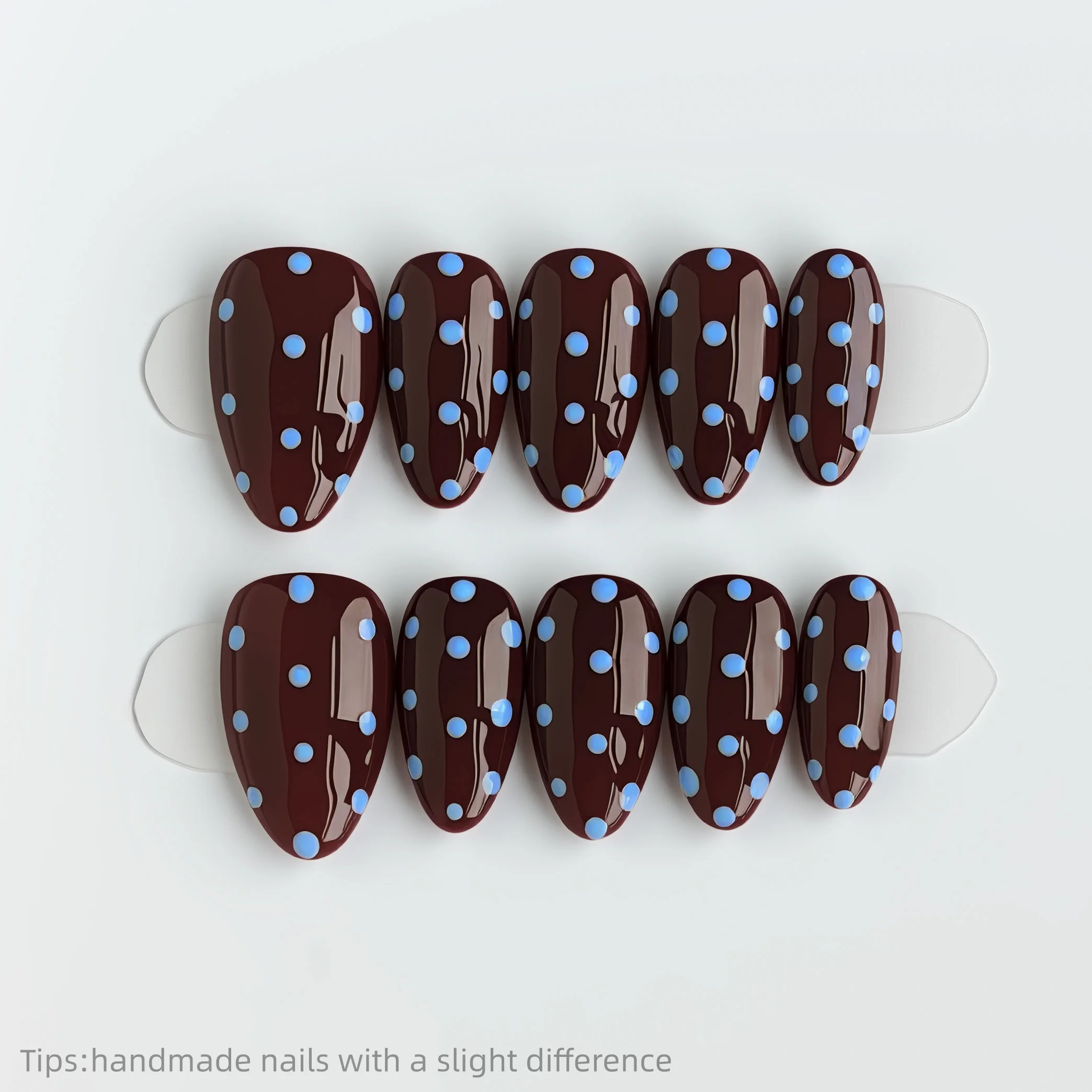 

10 шт., коричневые, синие ногти ручной работы в горошек, миндалевидные длинные носимые многоразовые милые накладные ногти 2026