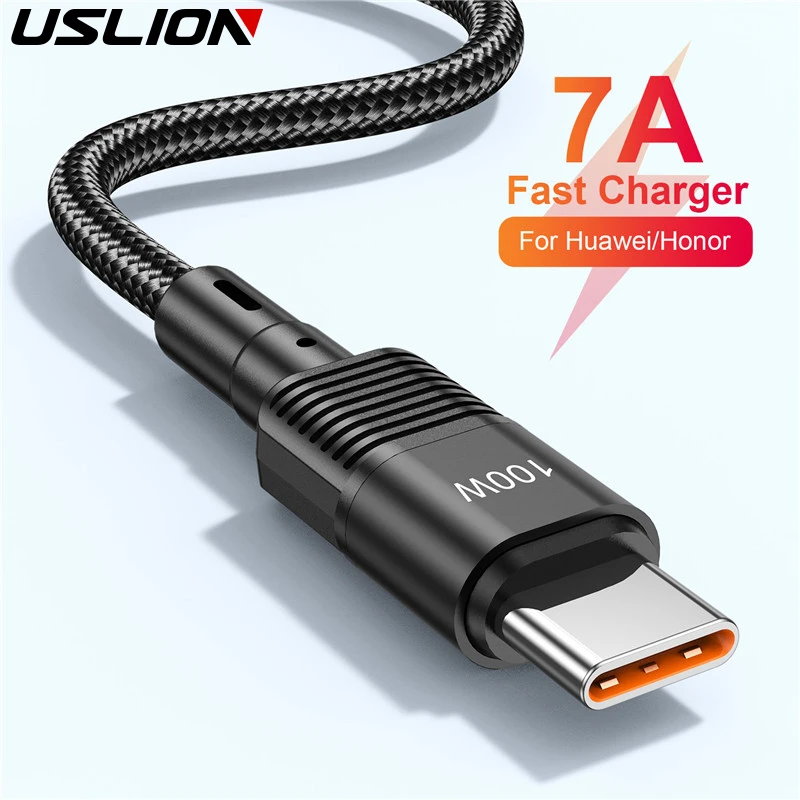 USLION 7A USB C Fast Charging Cable Moble Phone Quick Charger For Huawei P40 Pro P30 100W Wire USB Type-C Data Cord For Samsung