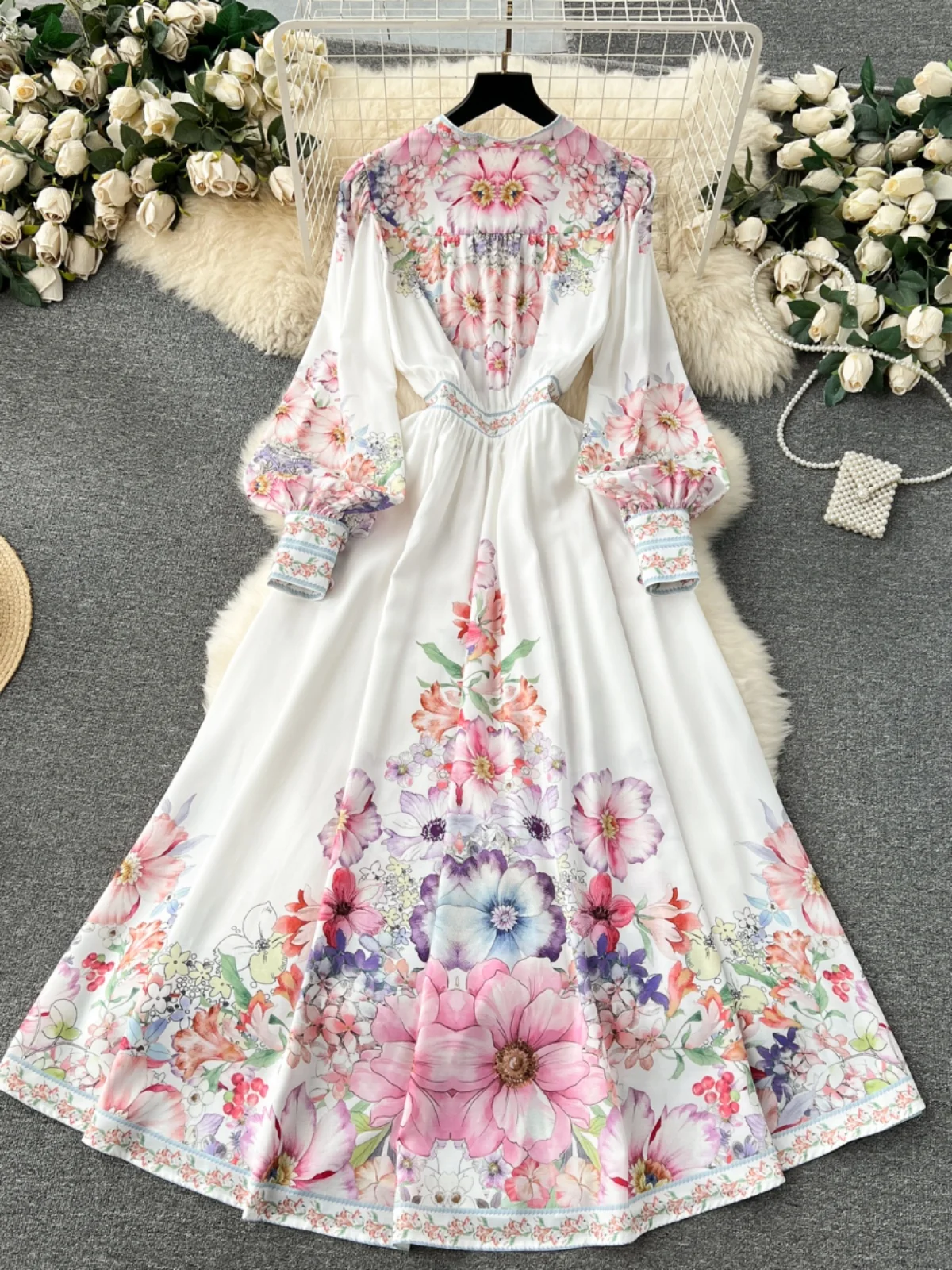 Ele longue bulle Sve Dr bouton détail rétro imprimé coupe ajustée printemps 2024 coréen Sle taille haute robe trapèze