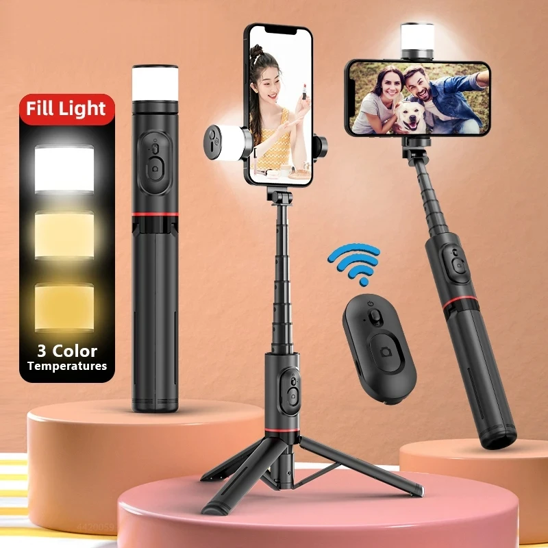 Roreta NEW Portable Wireless Bluetooth Phone Telescopic Selfie Stick Tripod With Fill Light for Huawei iPhone 14 Android Xiaomi