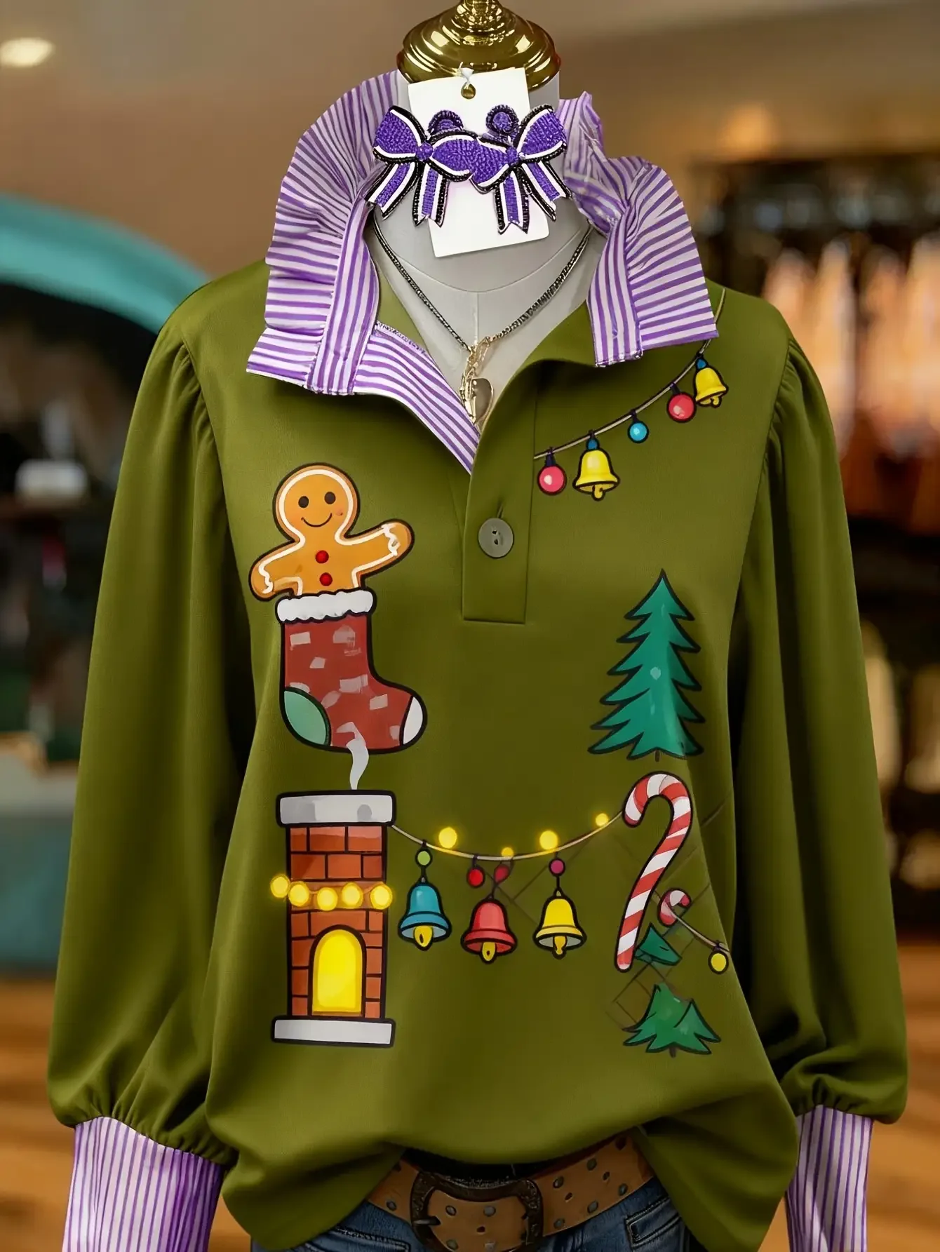 Women's winter holiday printed button up cardigan - long sleeved stand up collar pullover,