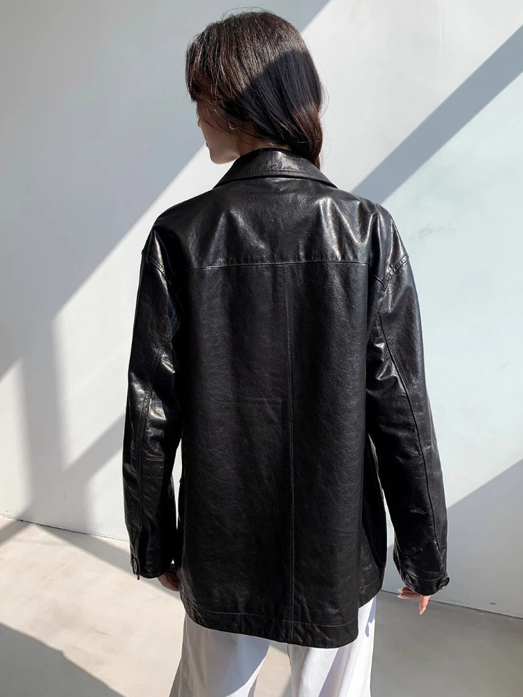 Casual Genuine Leather Blazer Jackets for Women Spring Autumn 2025 New High-end Simple Soft Black Oil Wax Real Sheepskin Coat