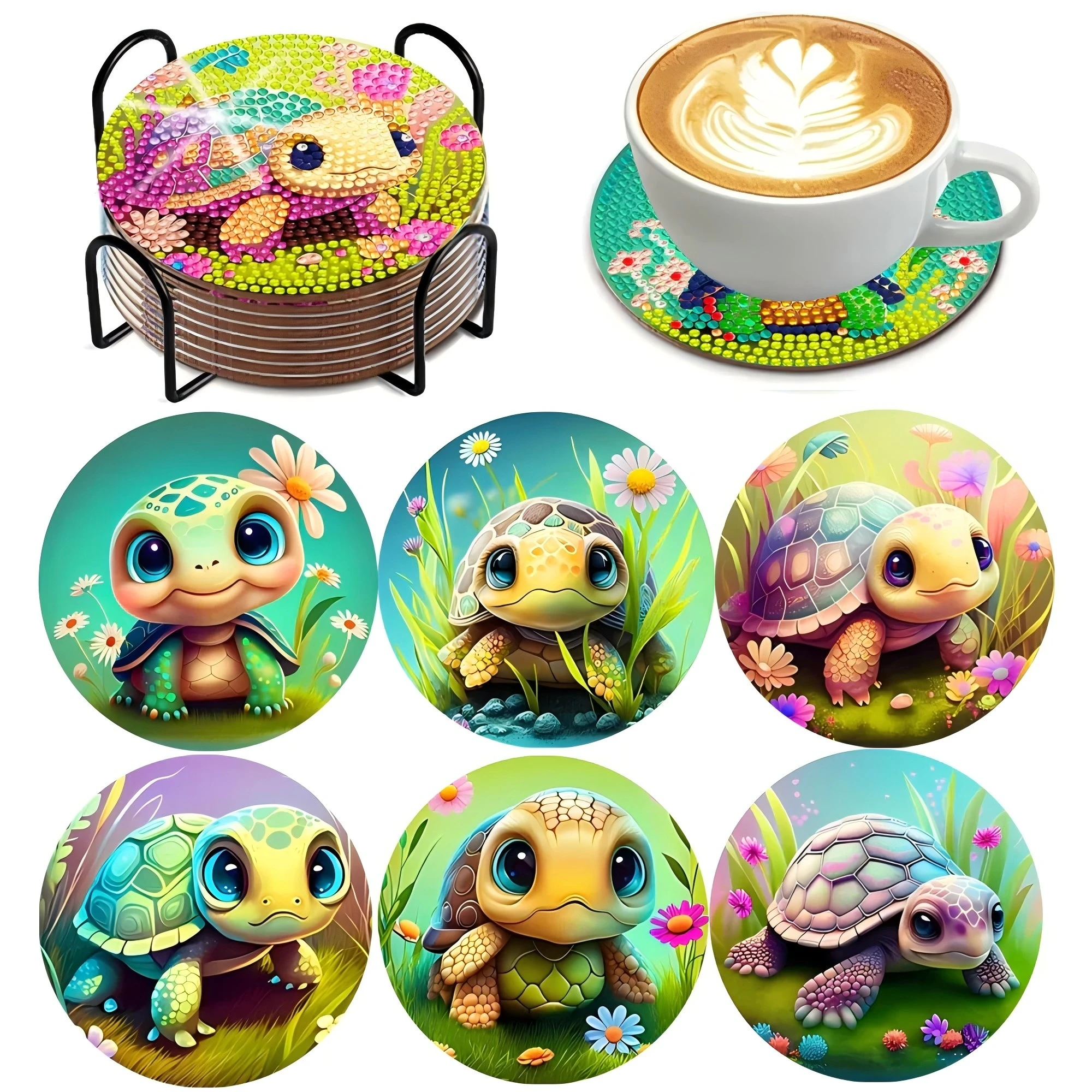 6-Piece DIY Diamond Painting Wooden Coaster Set, Turtle Pattern Diamond Art Mosaic Beverage Mat, Table Mat, Non Slip Coaster, C