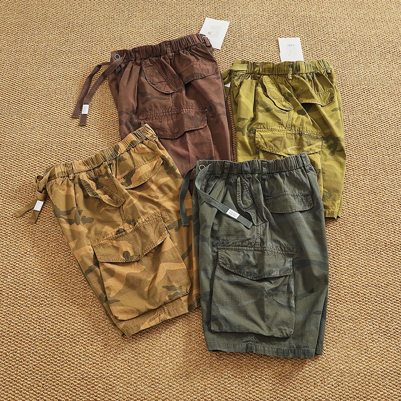 

2025 летние новые тканые камуфляжные шорты-карго в американском стиле ретро с несколькими карманами, мужские повседневные прямые брюки из 100% хлопка с 5 точками