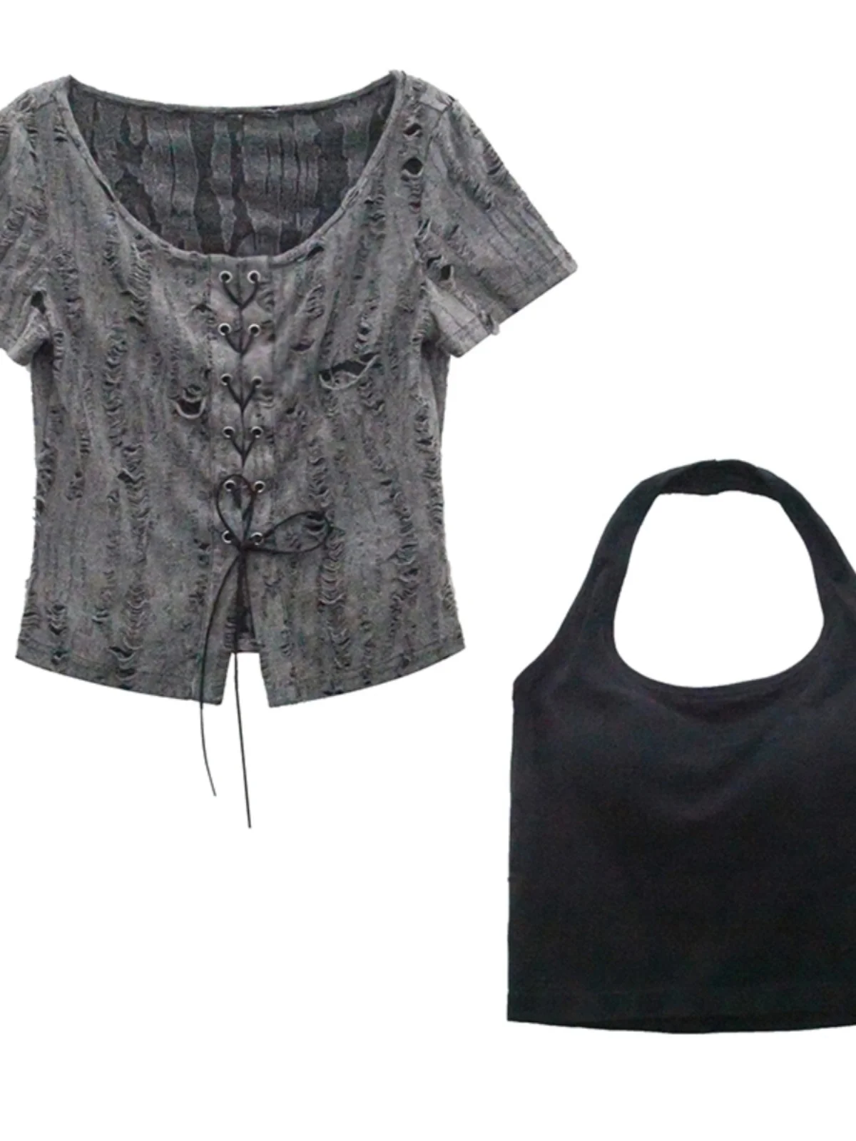 เสื้อยืดสุดแซ่บ หวาน เท่ รู ชุดแฟชั่นฤดูร้อนของผู้หญิง สายรัดหรือ Sve Slim Fit รอบเนื้อเส้นใยโพลีเอสเตอร์ชุดสองชิ้น