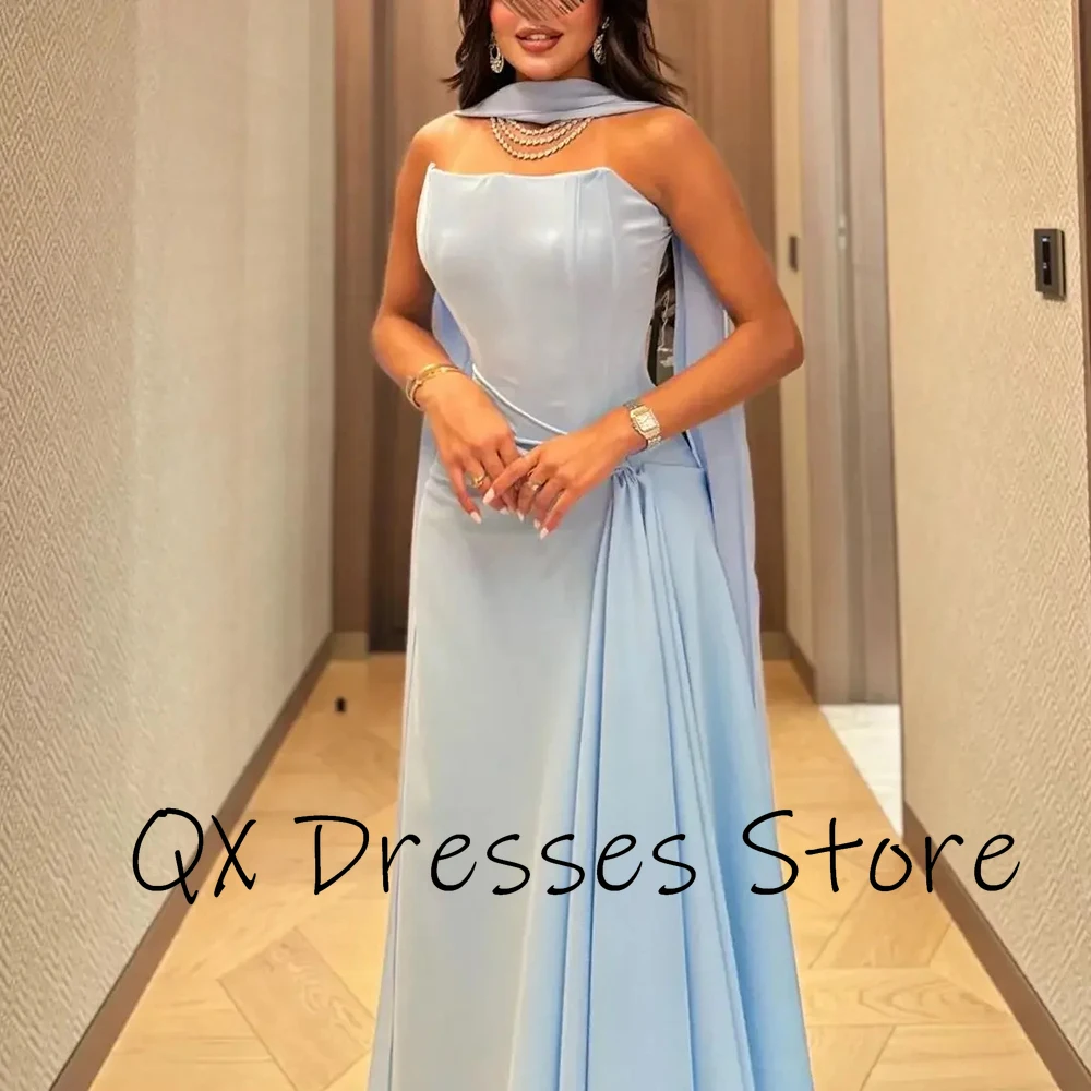 Customized Yipeisha Elegant Jersey Strapless Evening Dresses Sky Blue With Women Cape Watteau Train A-line Floor Length Party Pr