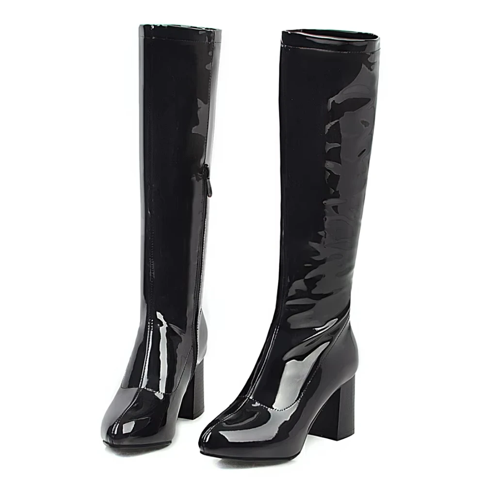 

Plus Size Winter Women Knee High Boots White Stretch Patent Leather Block Heels Party Lady Pointed Toe Zipper Long Riding Boots