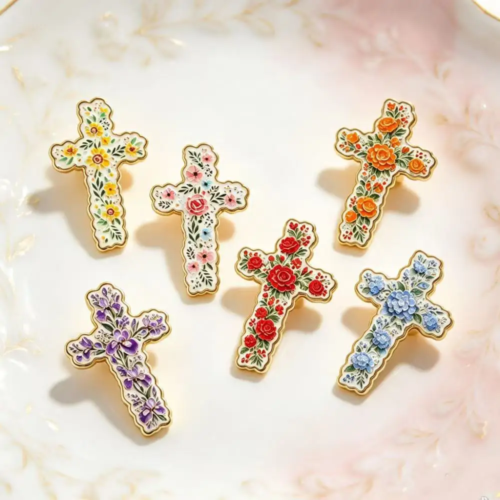 6pcs Vintage Floral Cross Enamel Brooch Pins, Colorful Flower Lapel Badge, Clothing Bag Decor, Black Friday Christmas Gift Jewel