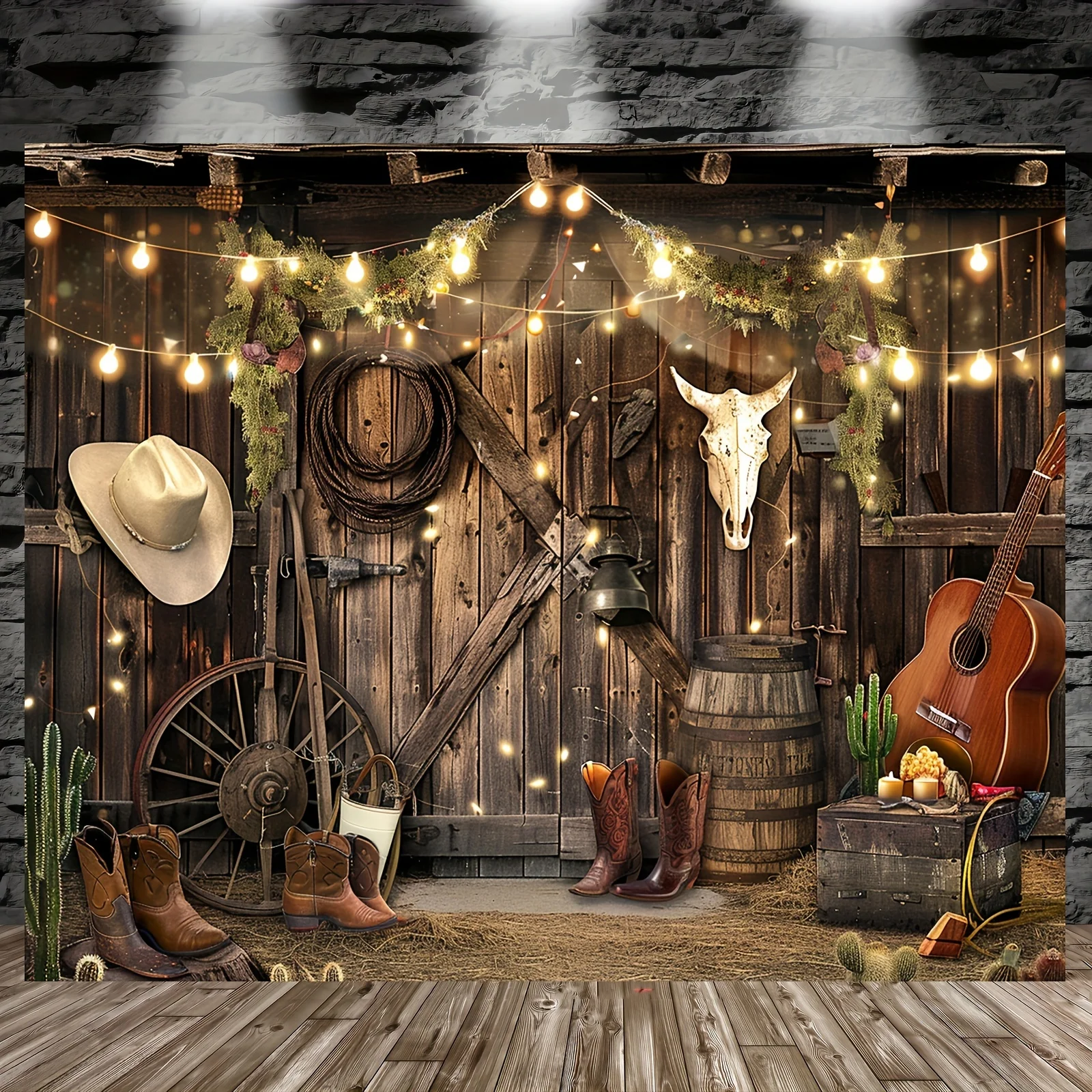 Cowboy themed Polyester background - rustic wooden doors and denim accessory party banners for birthdays, bachelorette parties