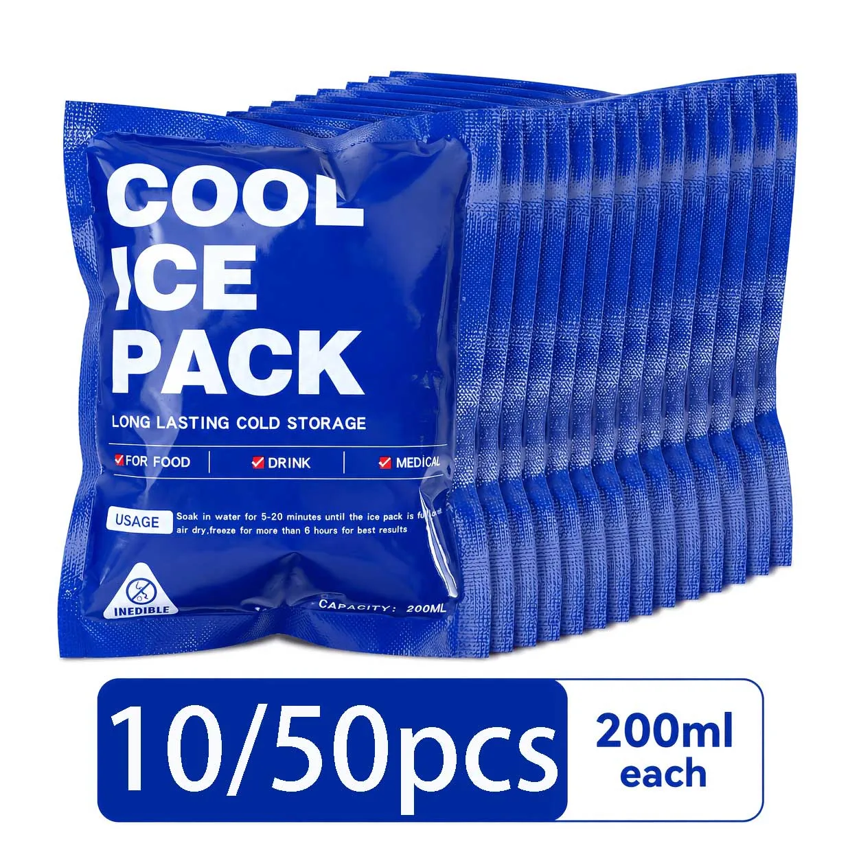 10 ou 50 unidades de sacos de gelo autoabsorventes, bolsas reutilizáveis de isolamento térmico para camping, pacote de resfriamento para manter alimentos frescos