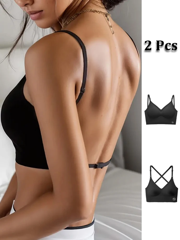 2Pcs Seamless Solid Wireless Bra Women Deep U Plunge Bras Backless Top Sexy Transparent Strap Push Up Lingerie Strapless Vest