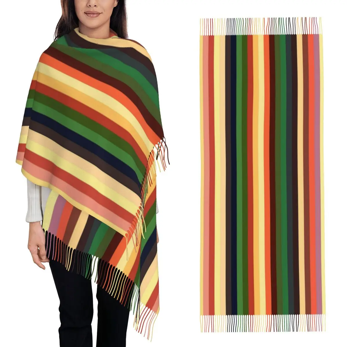 

Шарф с кисточками в вертикальную разноцветную полоску для женщин, мягкие теплые шали и накидки, большая осенне-зимняя шаль