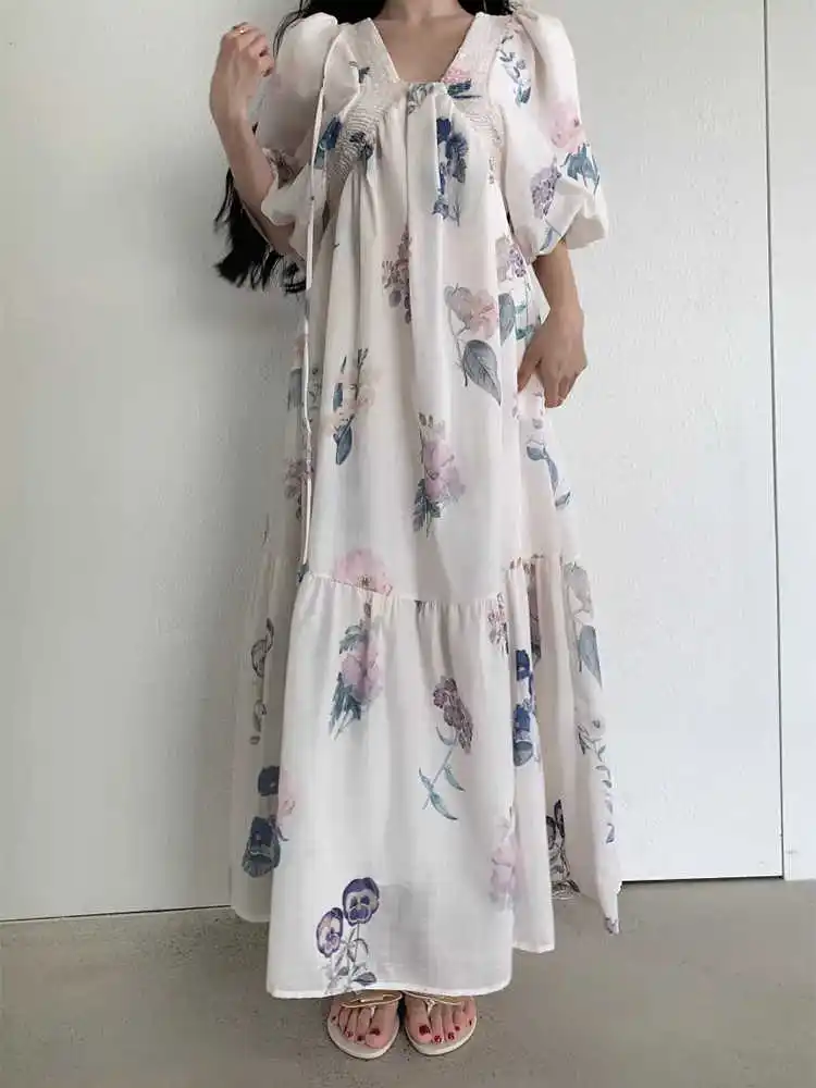 

Clothland Women Sweet Floral Midi Dress V Neck Puff Sleeve A Line Cute Chiffon European Style Dresses Vestido Mujer QE088