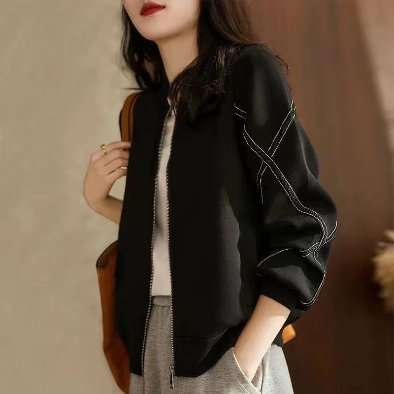 Gidyq Casual Black Women Bomber Jackets Autumn Winter Korean Fashion O Neck Coats Long Sleeve Zipper Baseball Cropped Outerwear