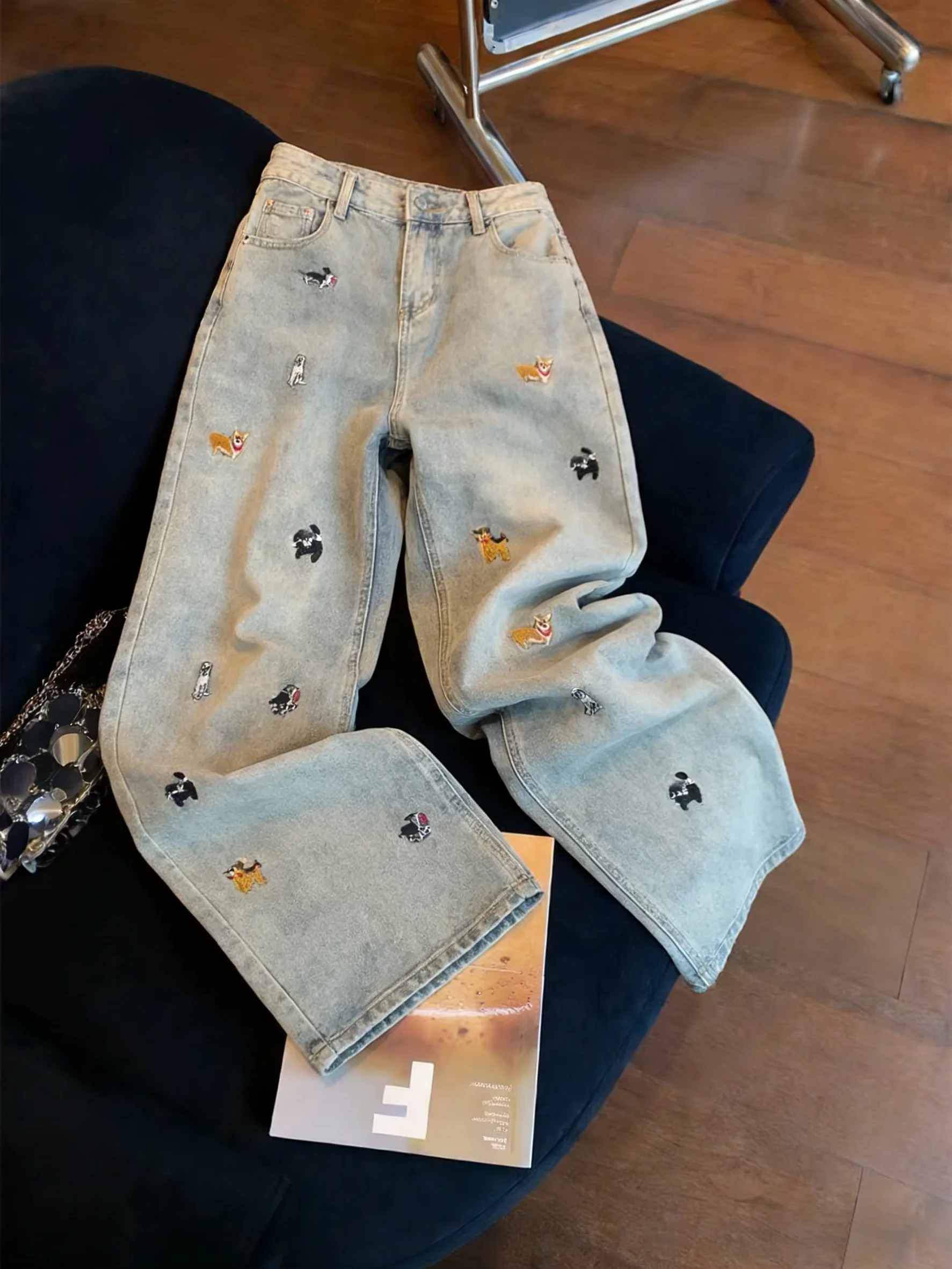 

Faionable High Waist Wide Leg Cartoon Casual Jeans Women's Spring Autumn Design Sense Slimming Versatile Korean Sle