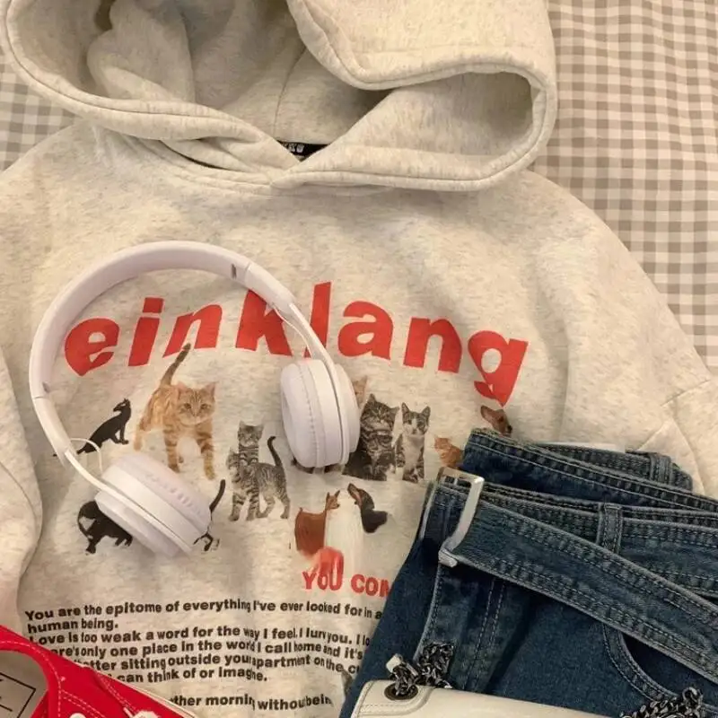 

BabYoung American Street милый кот с принтом кота, осенний утолщенный теплый свитшот Y2k, толстовка с длинными рукавами, женские топы