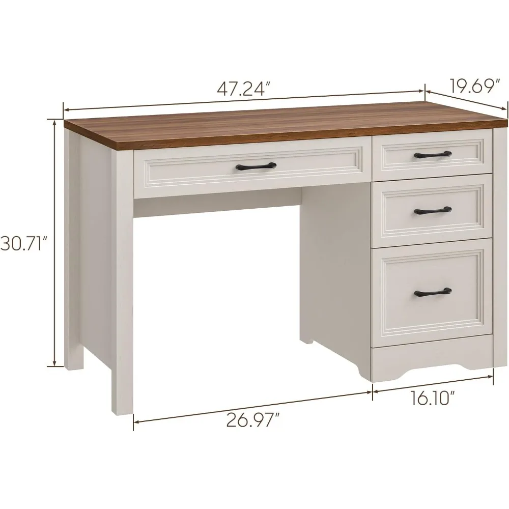 مكتب كتابة ريفي كبير مع مساحة تخزين ودرج ملفات للمكتب المنزلي، أبيض