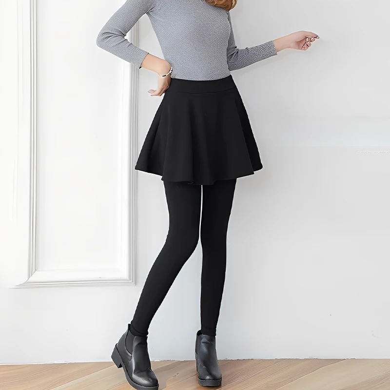 2025秋冬新作 フェイクツーピース プリーツスカート スカート付き 大きなスイング裾 レディース プラスベルベット 厚手