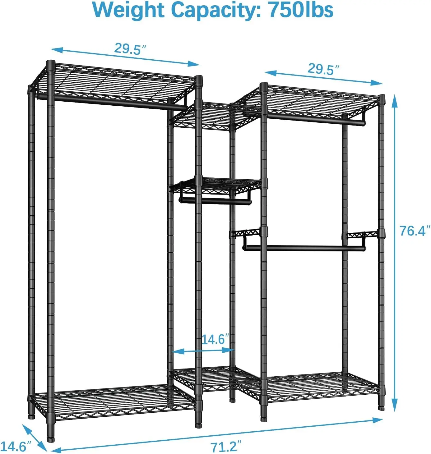 Medium Wire Garment Rack Heavy Duty Clothes Rack for Hanging Clothes, Metal Freestanding Closet Wardrobe Rack, 71.2" L x 14.6" W