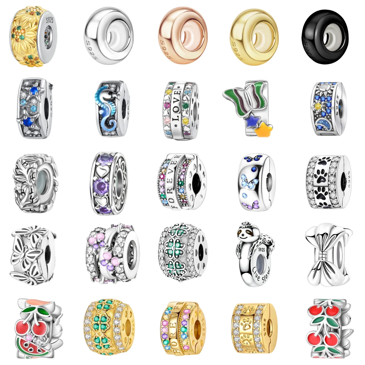 

925 Sterling Silver Colorful Butterfly Cherry Flower Fashions Beads Clip Charm for Original DIY Bracelet Fine Jewellery