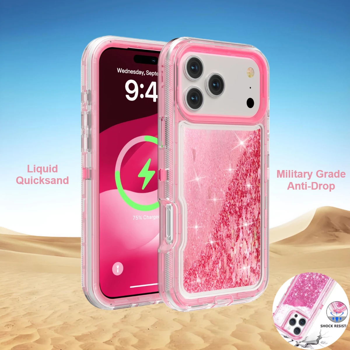 Capa de Celular 3 em 1 OTT com Glitter Líquido e Areia Movediça para iPhone 18 17Air 16 15 14 Pro Max, Grau Militar, à Prova de Choque