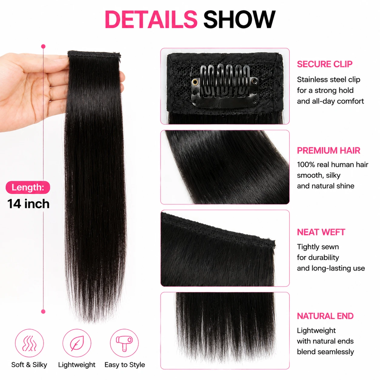 Bone Straight Clip in Hair Extensions 100% Human Hair Side Bangs Seamless Invisible Clip Fringe Real Virgin Human Hair 1Pcs/25g