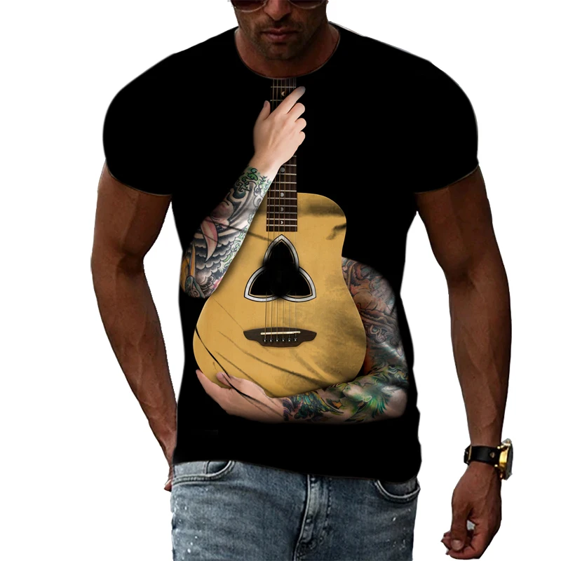 Rock Classical Guitar Cello Music Enthusiast 3D Harajuku Print Summer Artistic Casual Crewneck Short Sleeve Fashion T-shirt Tops