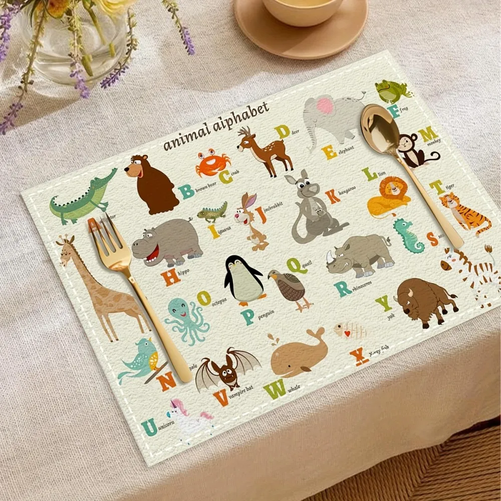 VIKAMA 4-Piece Animal Alphabet Placemat Set Machine Washable & Durable Perfect for Daily Dining & Party Decor