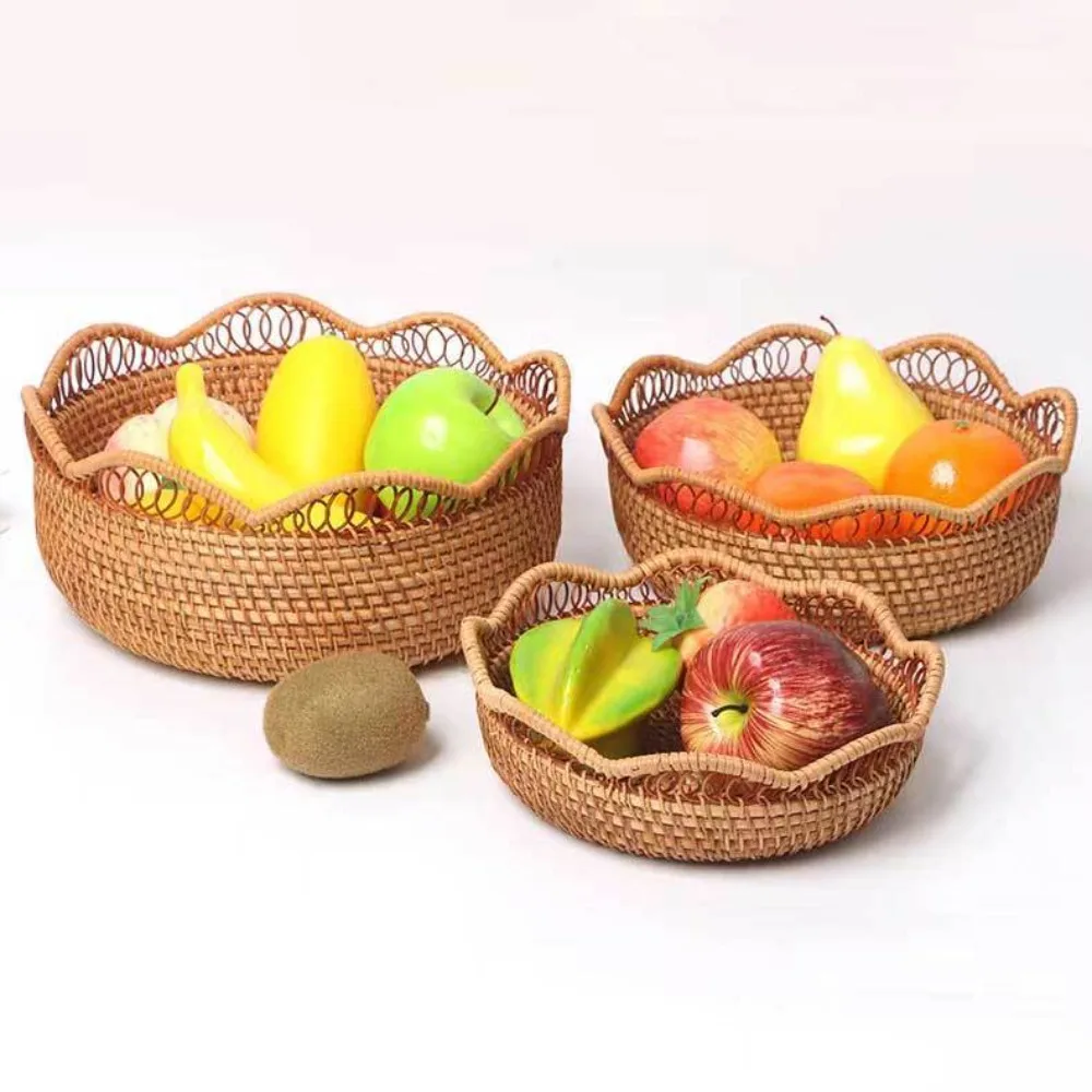 

21/24/37cm Round Imitation Rattan Fruit Basket Sundry Storage Basket Hand-Woven Storage Box Home Kitchen Storage Supplies