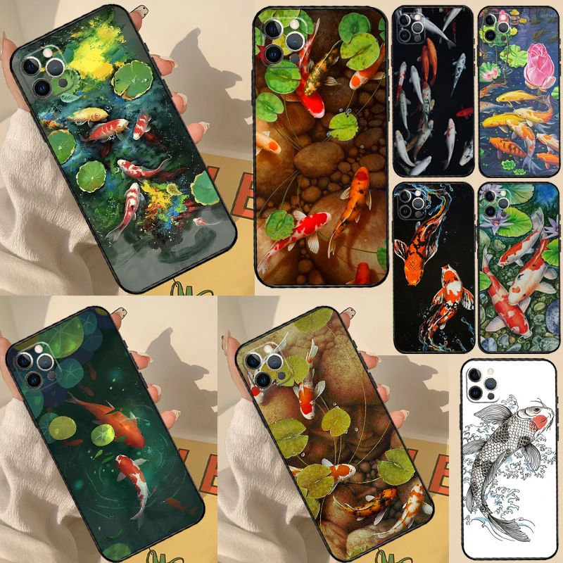 Koi Carp Fish Painting Case For iPhone 11 12 13 14 15 16 Pro Max Cover For iPhone 13 12 Mini XR X XS Max Plus