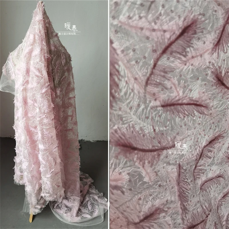 Pink Feather Mesh Fabric Embroidered Soft for Diy Sewing Designer Lace Dress Antique Attire Hanfu Fashion Clothing Cloth