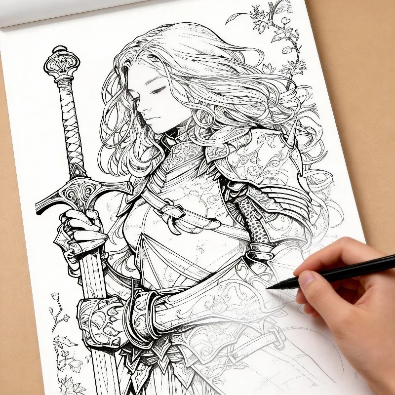 Quirky Graffiti Line Draft Coloring Book, Antique Style Armored Girl Hand Drawn Graffiti Album, 24 Different Tracing Patterns