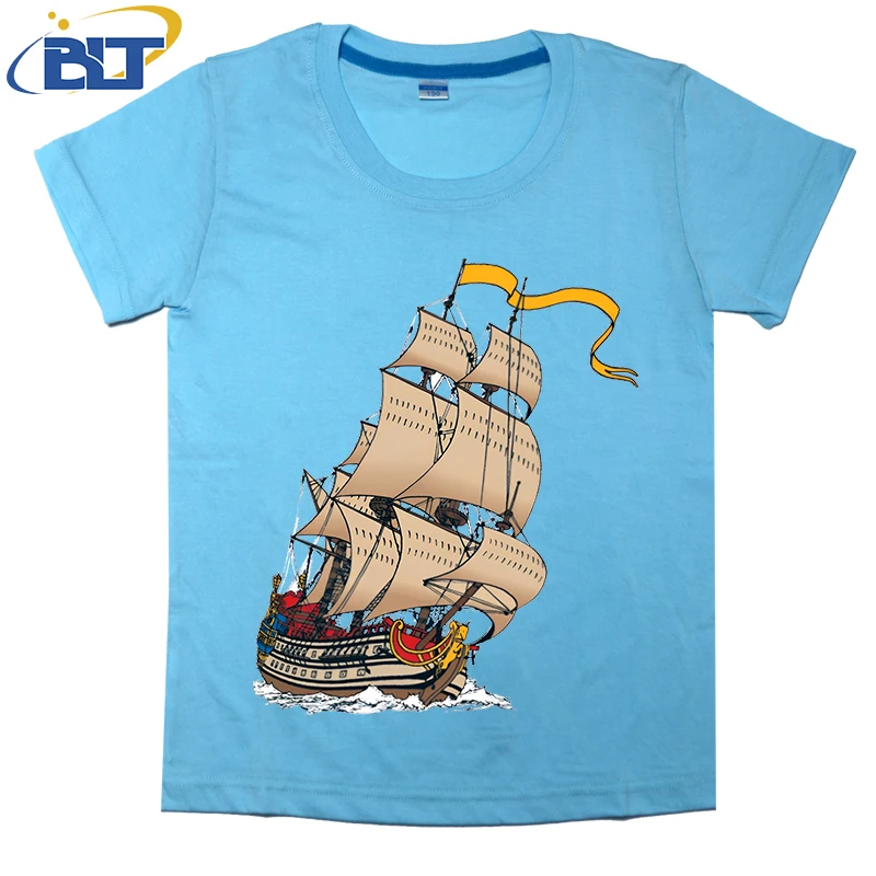 

Sailing ship printed kids T-shirt, summer cotton short-sleeved casual top, suitable for both boys and girls