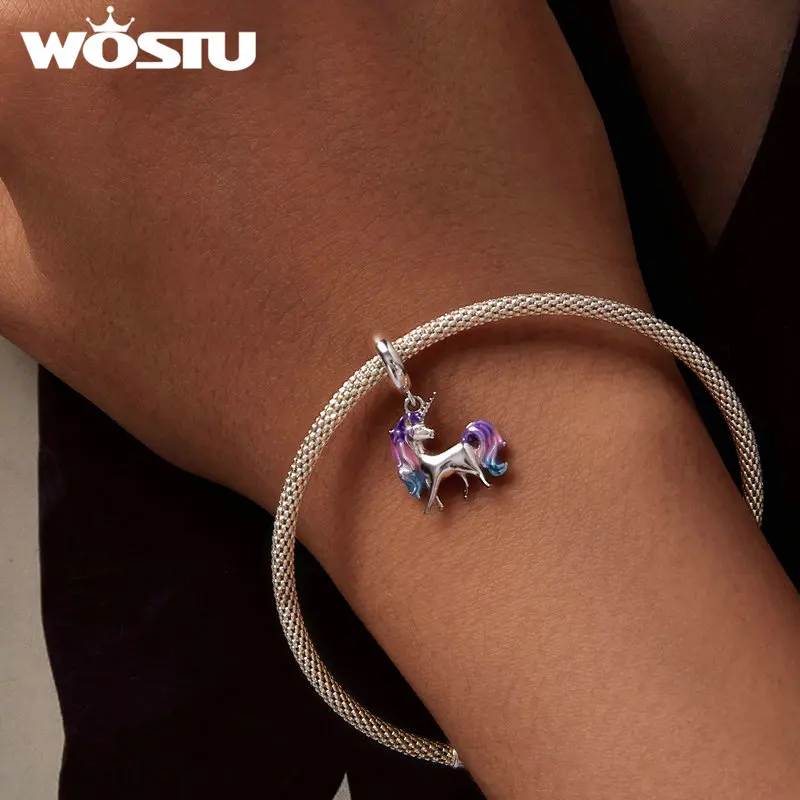 WOSTU-Unicórnio Arco-Íris Pingente, Real 925 Sterling Silver, Encantos Da Lua, Pérolas De Cristal Do Arco-Íris, Se Encaixa Original Pulseira, Colar DIY Presente