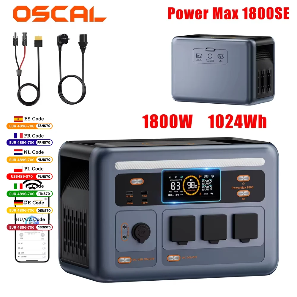 OSCAL Power Max 1800SE 1800W Portable Power Station 1024Wh Lifepo4 Battery Solar Generator AC Output Smart APP Control For RV