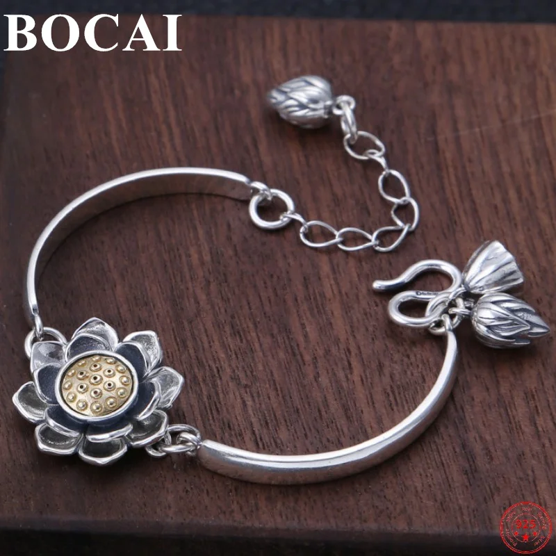 

BOCAI S925 Sterling Silver Bracelet New Fashion Classic Retro Lotus Rotatable Bangle Pure Argentum Hand Jewelry for Women