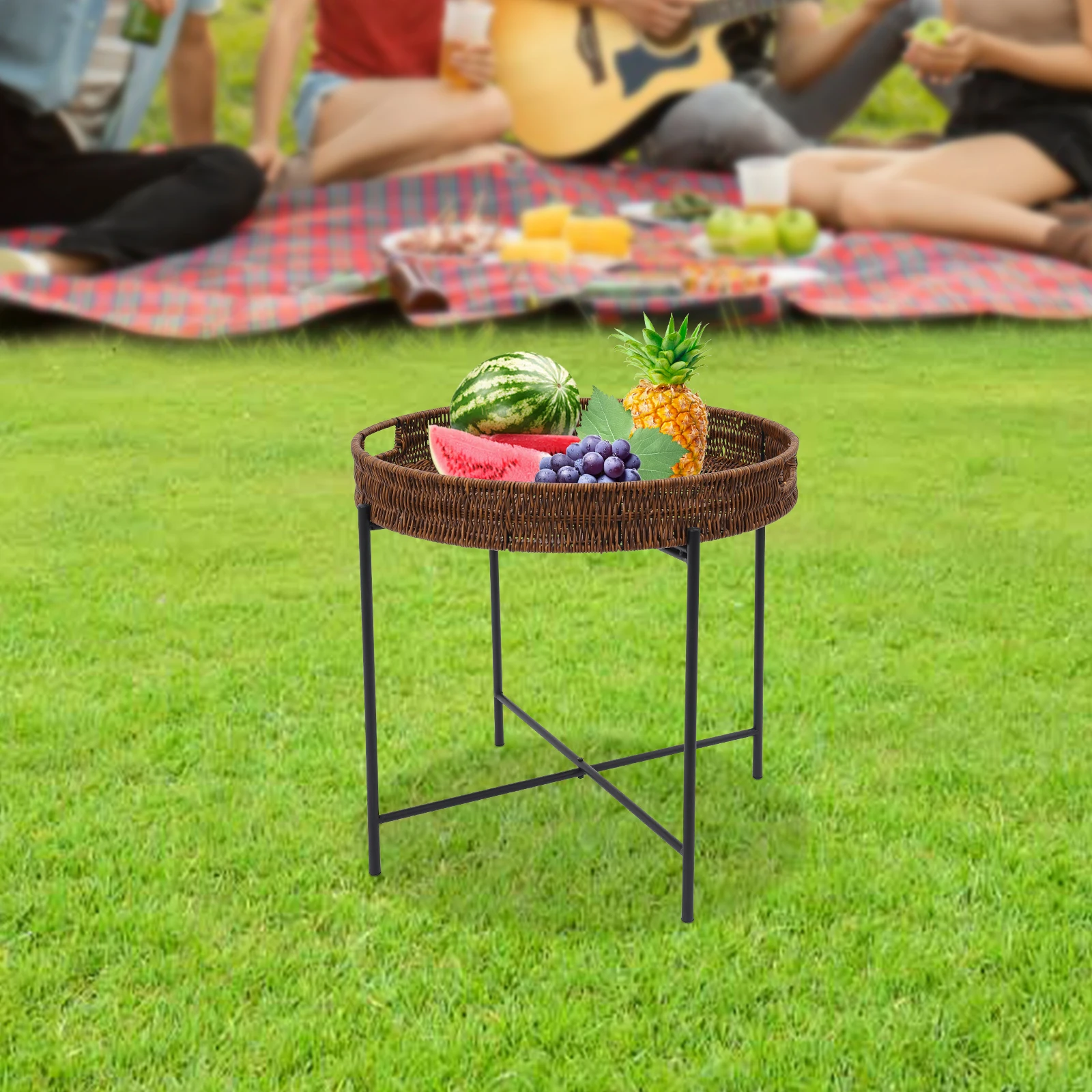 

Foldable Braided Round Side Table, Coffee Table with Removable Tray, Imitation Rattan End Table