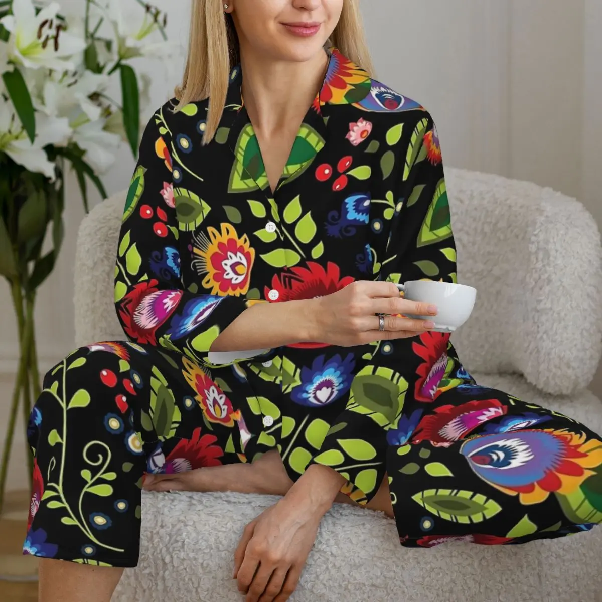 Folk Art Floral Print Pajamas Set Spring Soft Bedroom Sleepwear Female 2 Pieces Vintage Oversized Design Nightwear Gift Idea